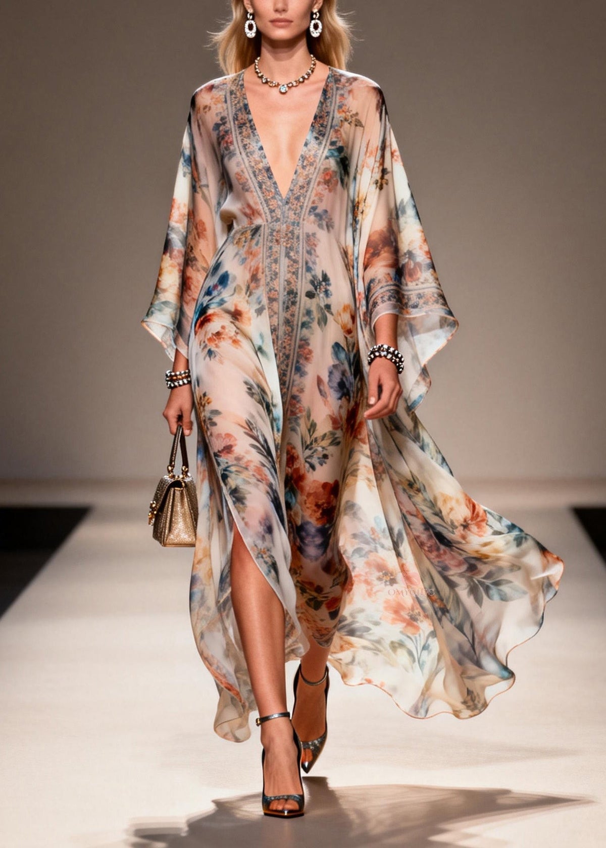 Unique V Neck Print Chiffon Maxi Dresses Spring - View 3