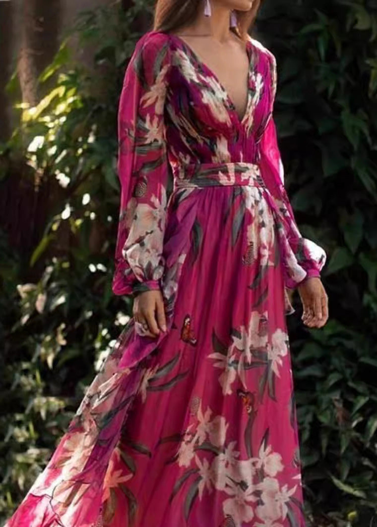 Chiffon Deep V-Neck Floral Butterfly Print Maxi Gown - View 2