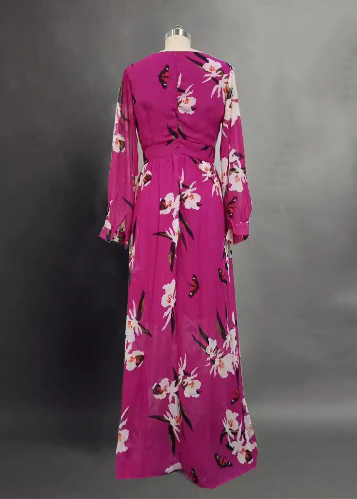 Chiffon Deep V-Neck Floral Butterfly Print Maxi Gown - View 4