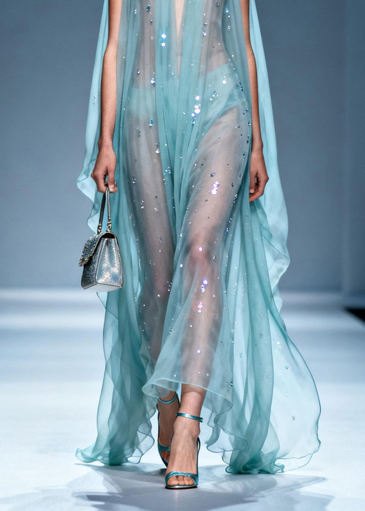 Sequin Scatter Deep V-Neck Cape Panel Ruffle Hem Sheer Maxi Gown - View 4