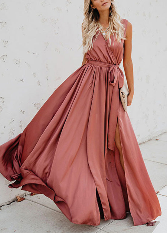 Satin Wrap V-Neck Sleeveless Tie Waist High Split Maxi Gown - View 2