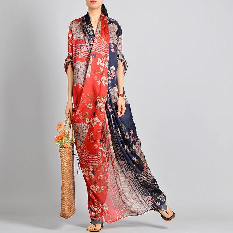 Floral Patchwork Deep V-Neck Kimono Sleeve Wrap Front Maxi Dress - View 2