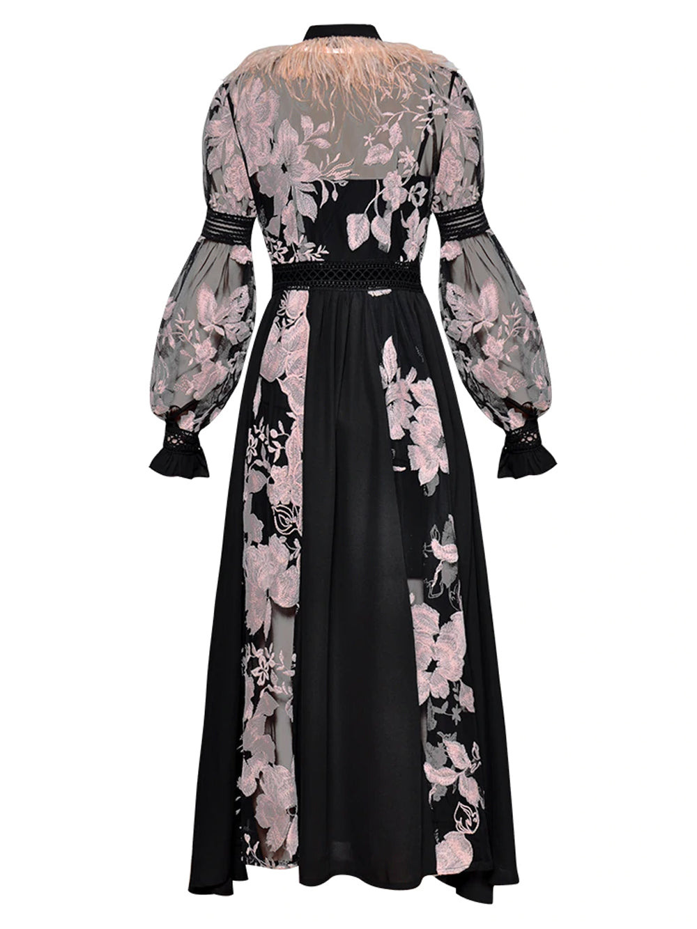 Feather Trim Floral Embroidery Tie Neck Lace Long Sleeve Midi Dress - View 5