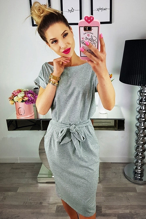 Boat Neck Short Sleeve Belted Tie Waist Patch Pocket Knit Midi Dress - View 13