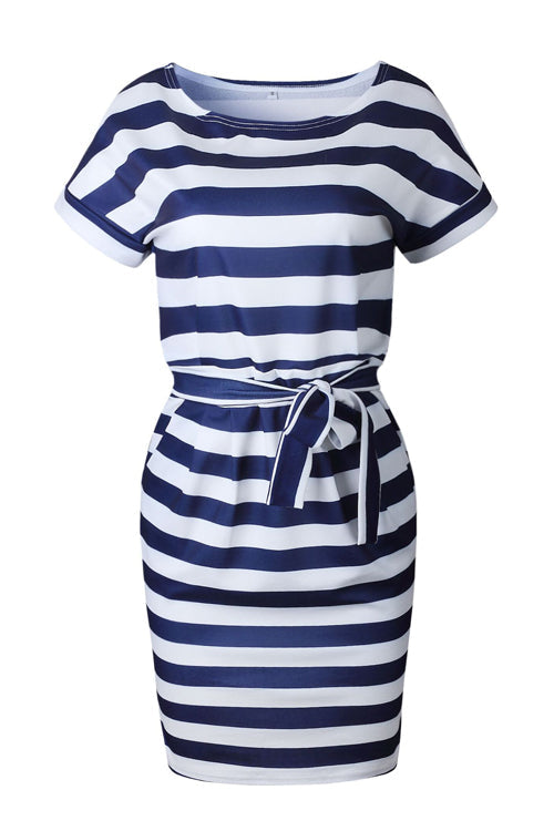 Boat Neck Short Sleeve Belted Tie Waist Patch Pocket Knit Midi Dress - View 15