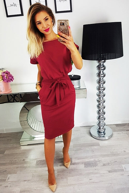 Boat Neck Short Sleeve Belted Tie Waist Patch Pocket Knit Midi Dress - View 9