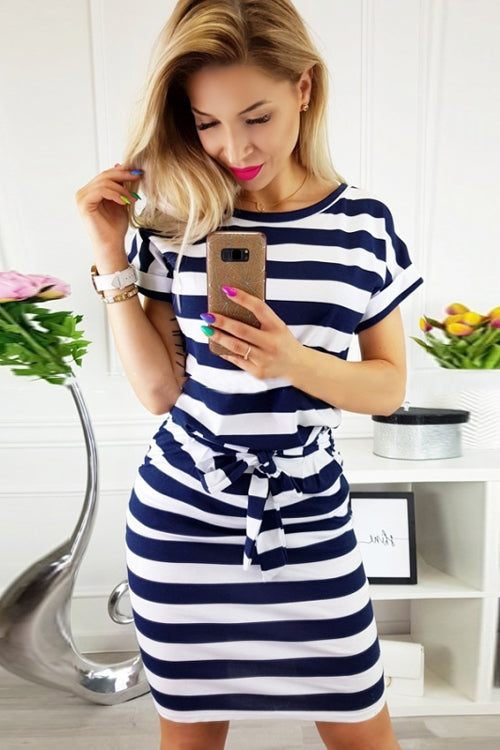 Boat Neck Short Sleeve Belted Tie Waist Patch Pocket Knit Midi Dress - View 11