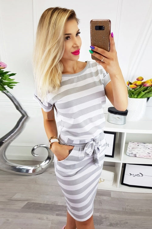Boat Neck Short Sleeve Belted Tie Waist Patch Pocket Knit Midi Dress - View 2