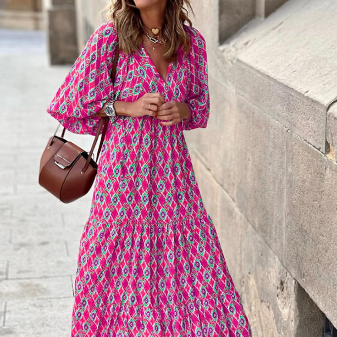 V-Neck Puff Sleeve Tiered Maxi Dress 14