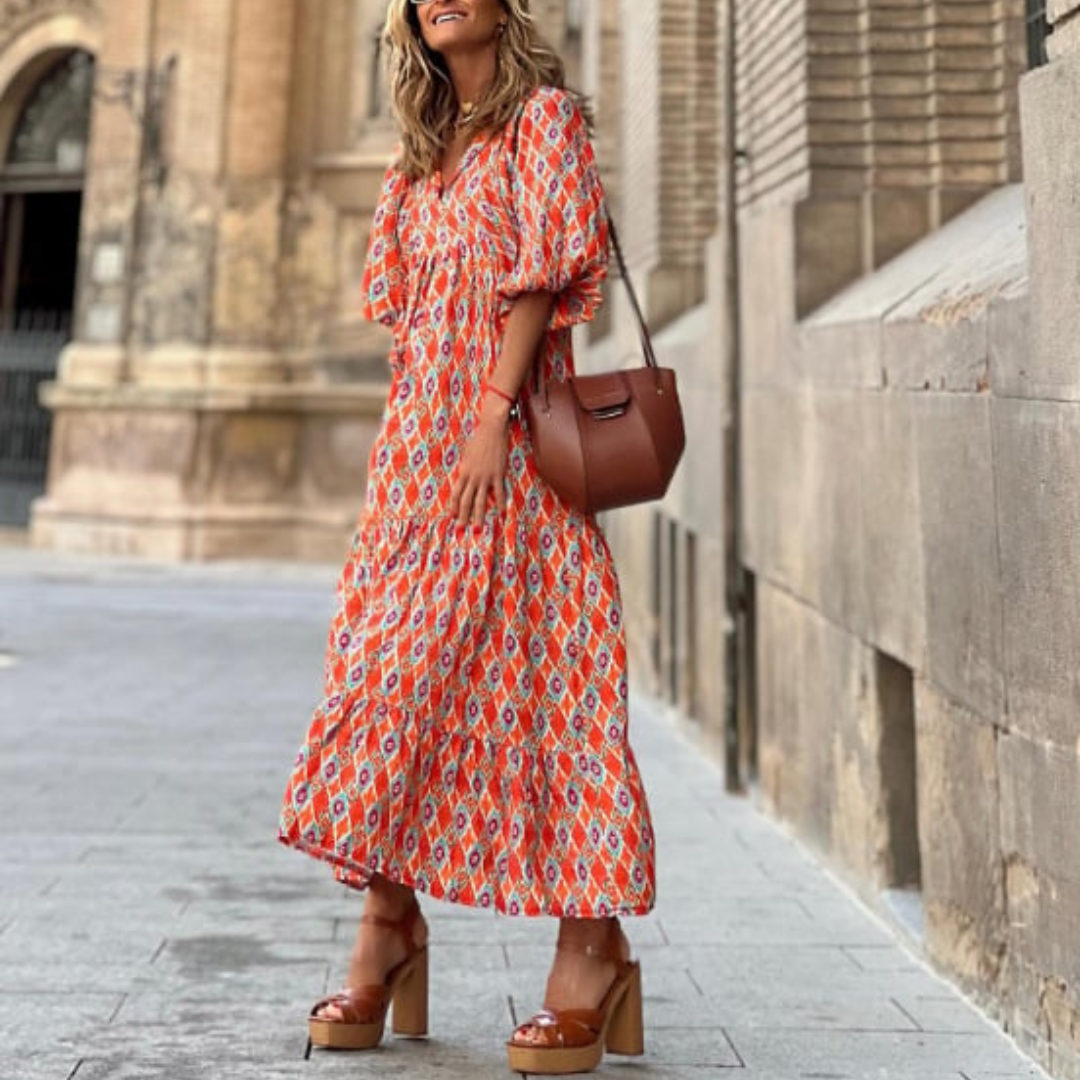 V-Neck Puff Sleeve Tiered Maxi Dress 18