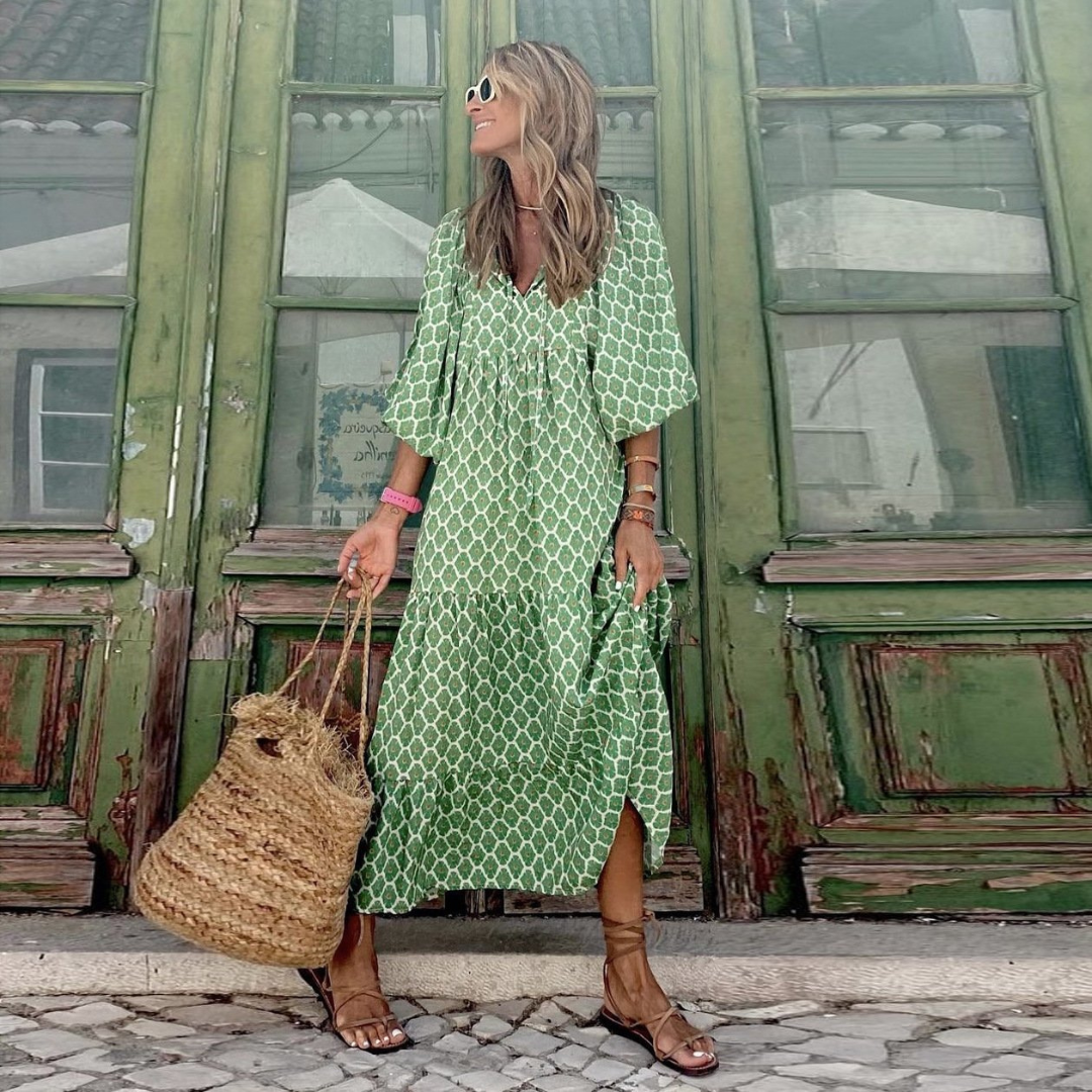 V-Neck Puff Sleeve Tiered Maxi Dress 19