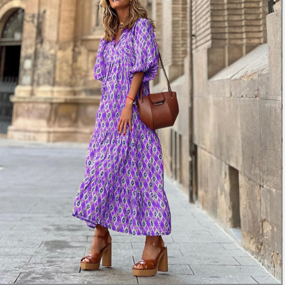 V-Neck Puff Sleeve Tiered Maxi Dress 20