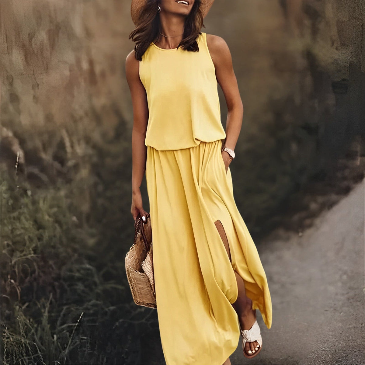 Satin Crew Neck Sleeveless High Split Maxi Summer Dress - View 5