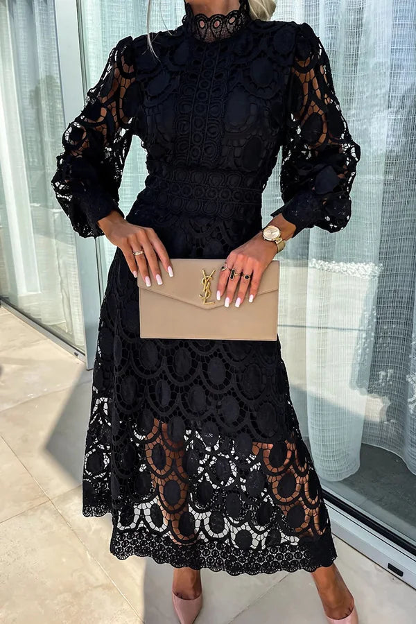 Irma Crochet Lace Lantern Sleeve Midi Dress - View 2