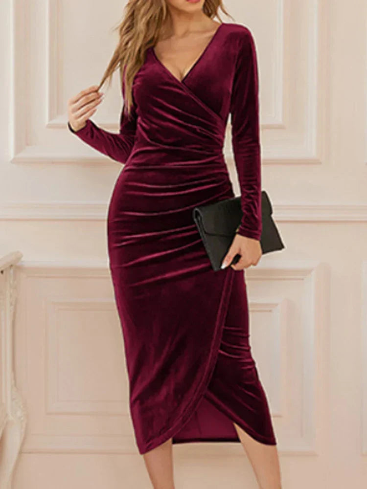 Velvet Deep V-Neck Long Sleeve Ruched High Split Bodycon Midi Dress - View 8