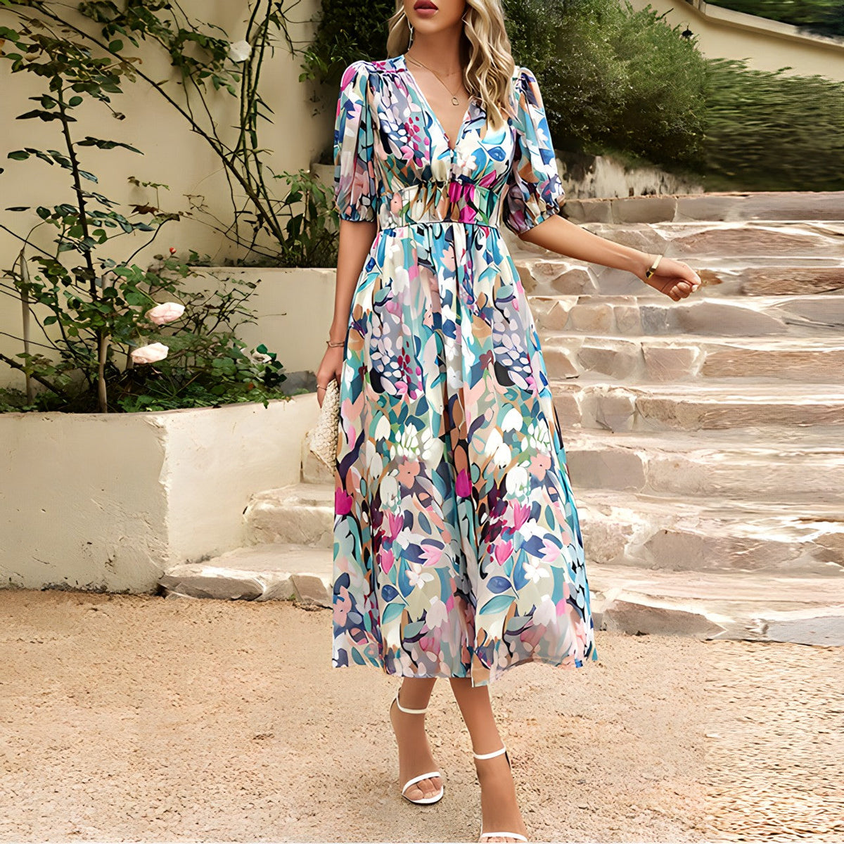 Cotton Blend V-Neck Short Sleeve Summer Midi Dress - View 10