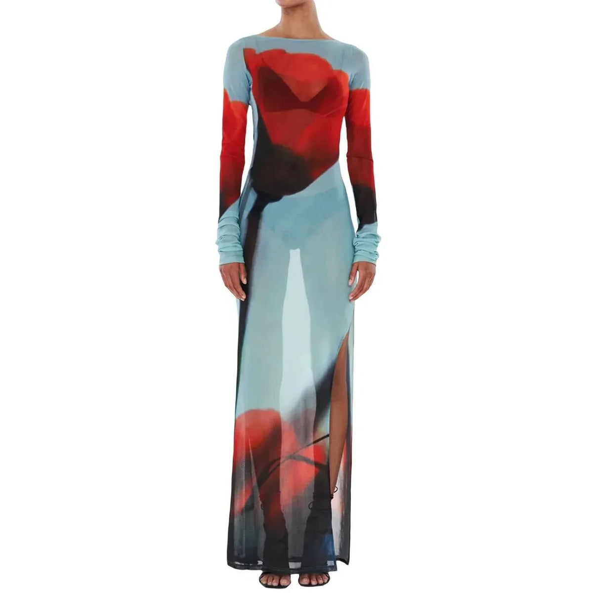 Floral Mesh Long Sleeve High Split Bodycon Maxi Dress