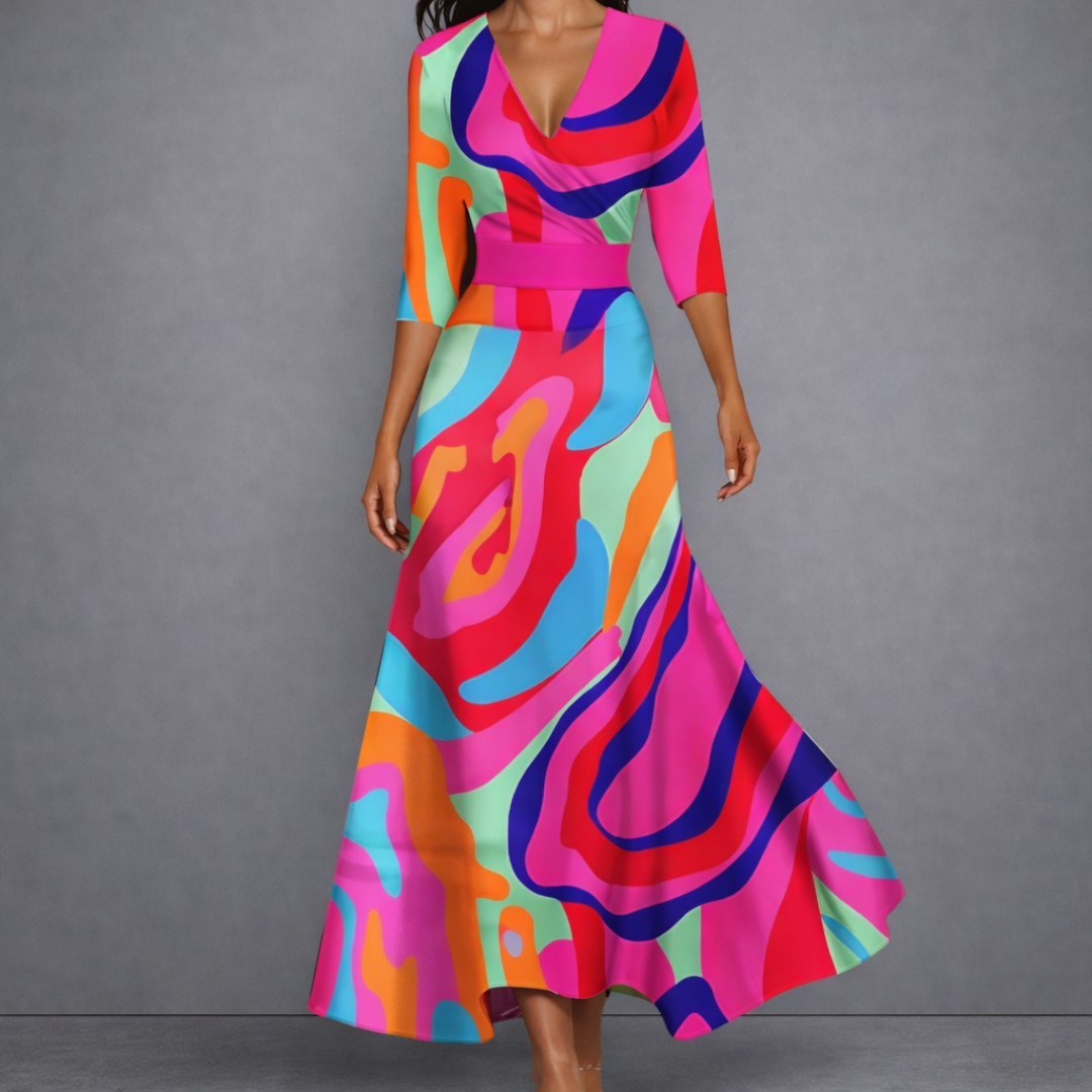 Floral Print V-Neck Belted Waist Fit and Flare Maxi Dress 4