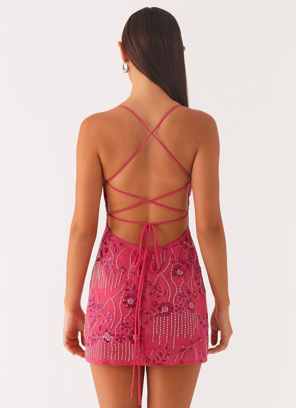 Sequin Floral Spaghetti Strap Sweetheart Bodycon Mini Dress - View 3