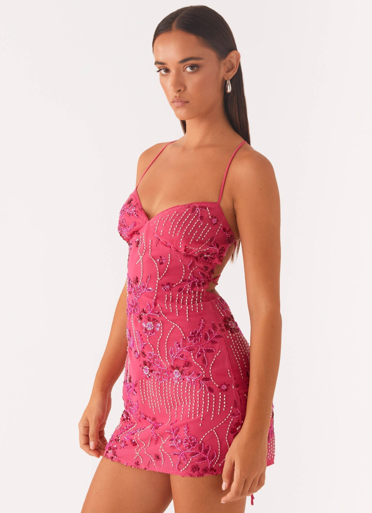 Sequin Floral Spaghetti Strap Sweetheart Bodycon Mini Dress - View 4