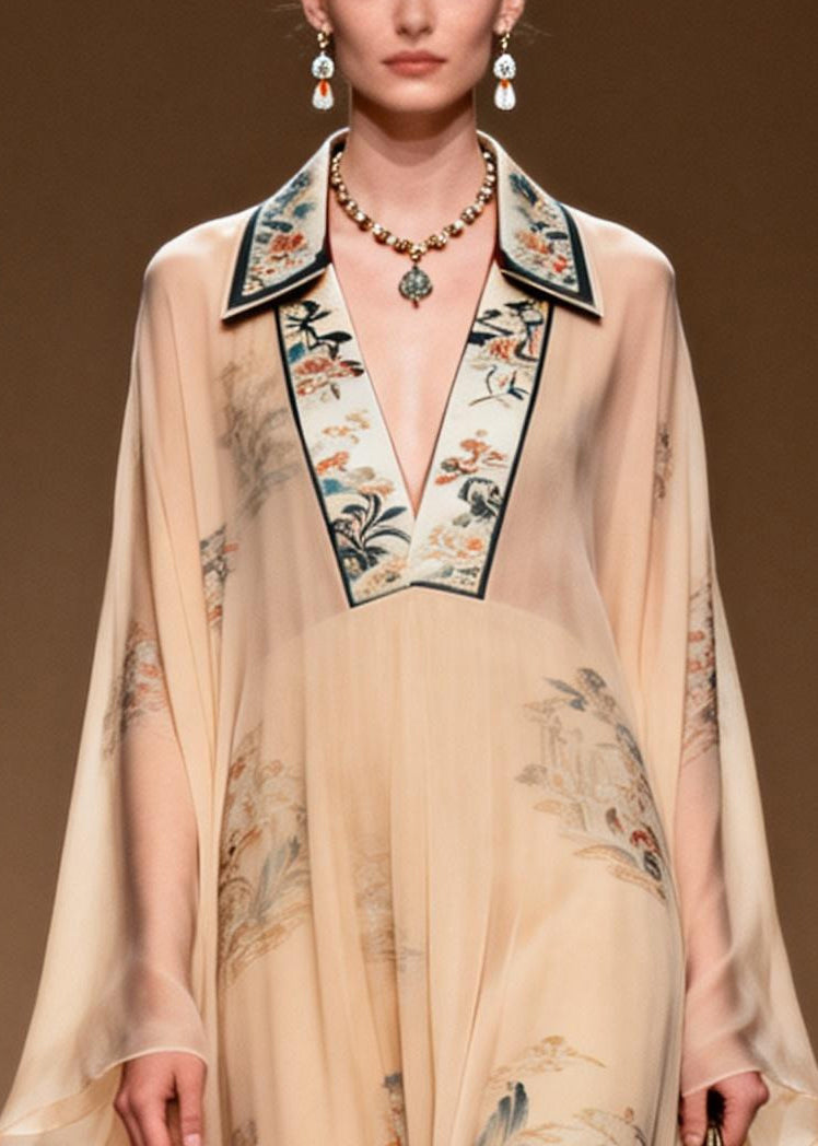 Vintage Apricot V Neck Print Chiffon Maxi Dress Summer - View 2