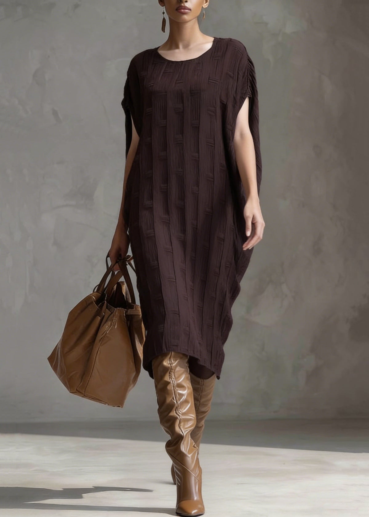 Textured Knit Scoop Neck Batwing Sleeve Oversized Cocoon Midi Dress