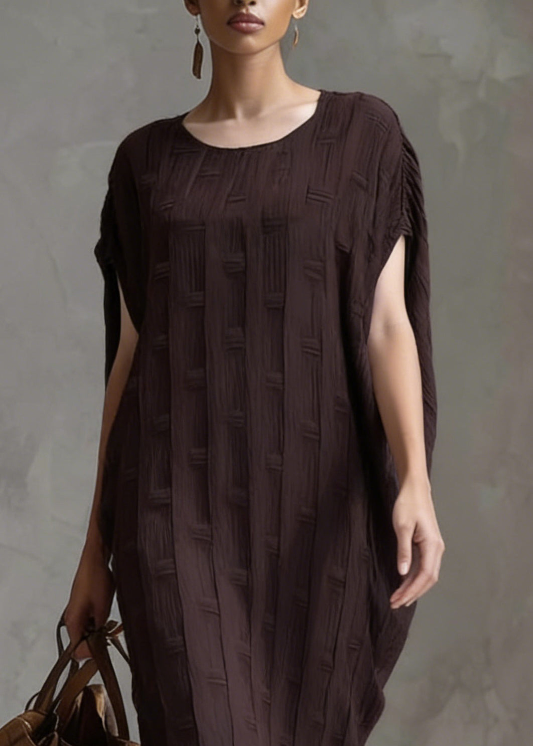 Textured Knit Scoop Neck Batwing Sleeve Oversized Cocoon Midi Dress - View 3