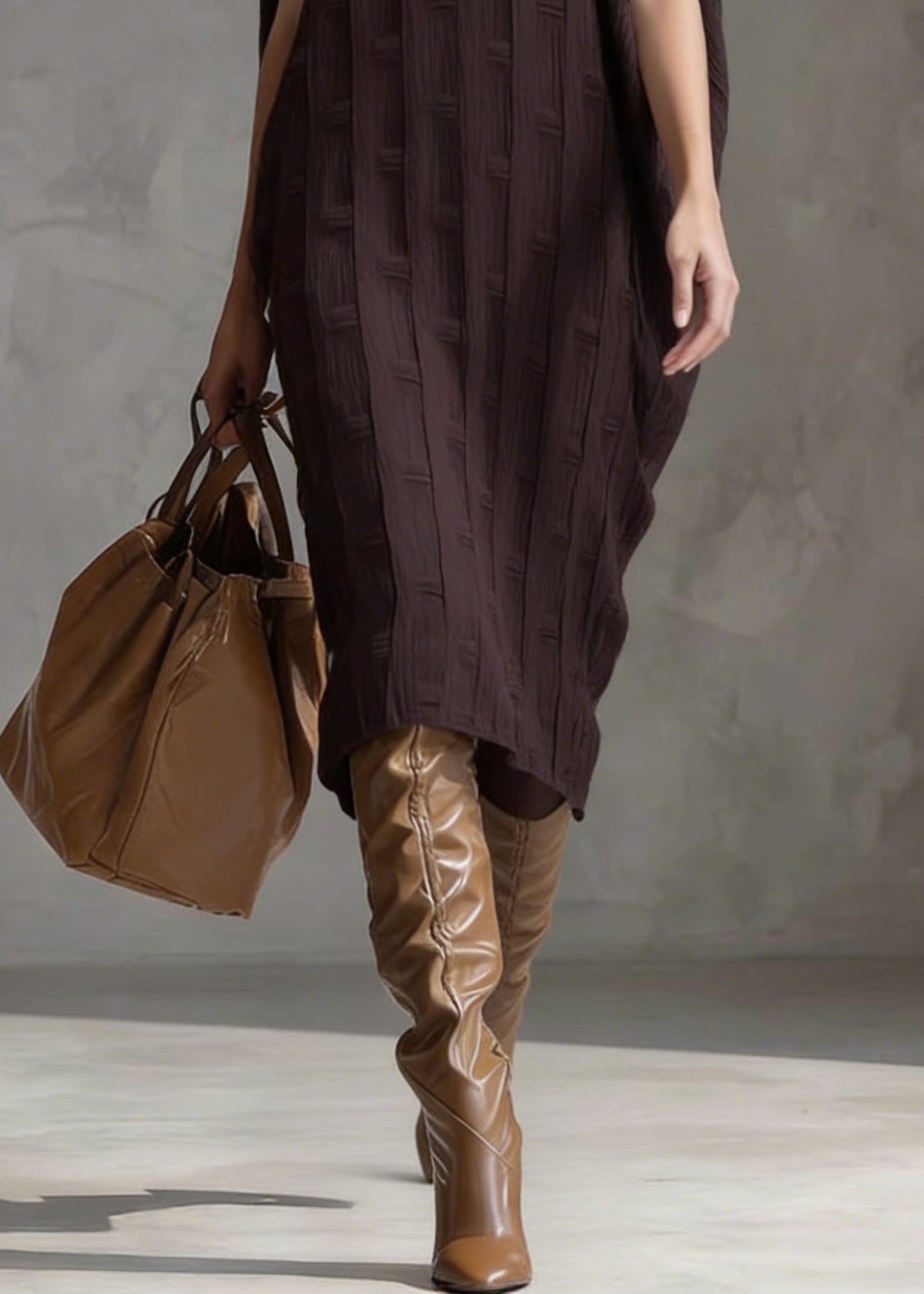 Textured Knit Scoop Neck Batwing Sleeve Oversized Cocoon Midi Dress - View 5