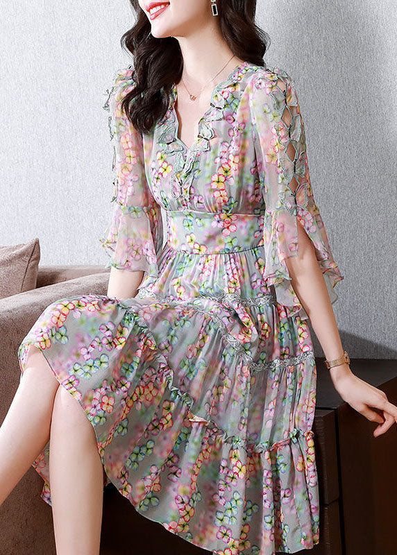 Floral Print Deep V-Neck Ruffle Trim Bell Sleeve Lace Mini Dress - View 2