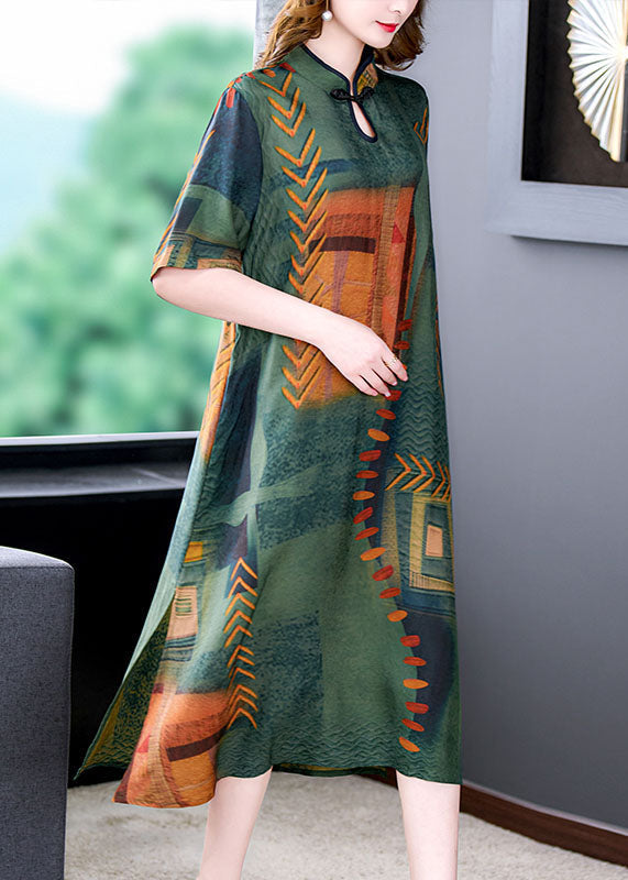 Abstract Geometric Print Mandarin Collar Frog Shift Midi Dress - View 4