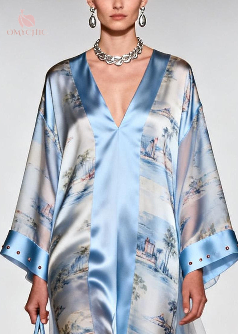 Rhinestone Cuff Deep V-Neck Wide Sleeve Tulle Train Satin Maxi Gown - View 3