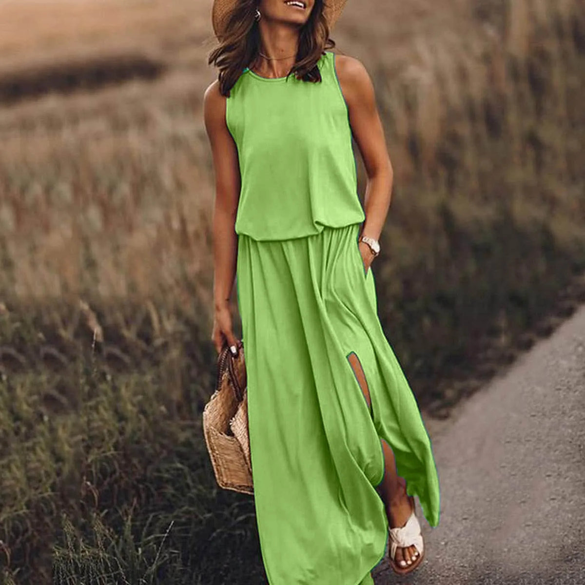 Sleeveless Tank Neck Elastic Waist Side Slit Pocket Maxi Dress - View 9