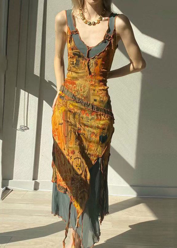 Vintage V Neck Asymmetrical Print Tulle Patchwork Long Dress