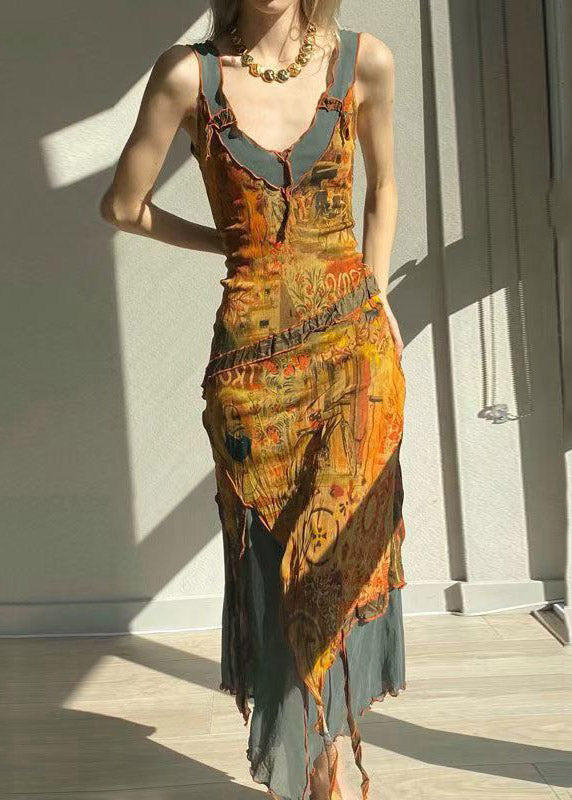 Vintage V Neck Asymmetrical Print Tulle Patchwork Long Dress - View 3