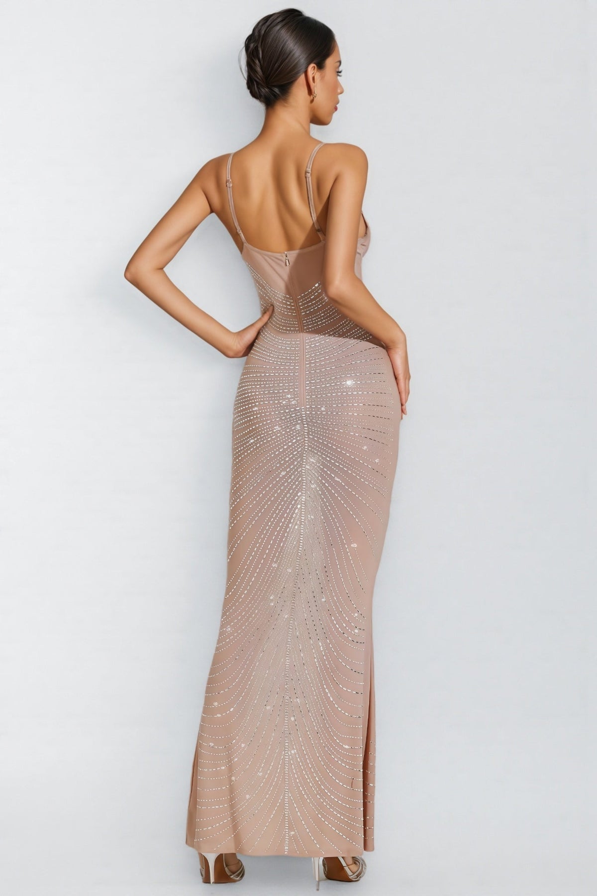Sequin Radiating Pattern Spaghetti Strap Mermaid Maxi Gown - View 3