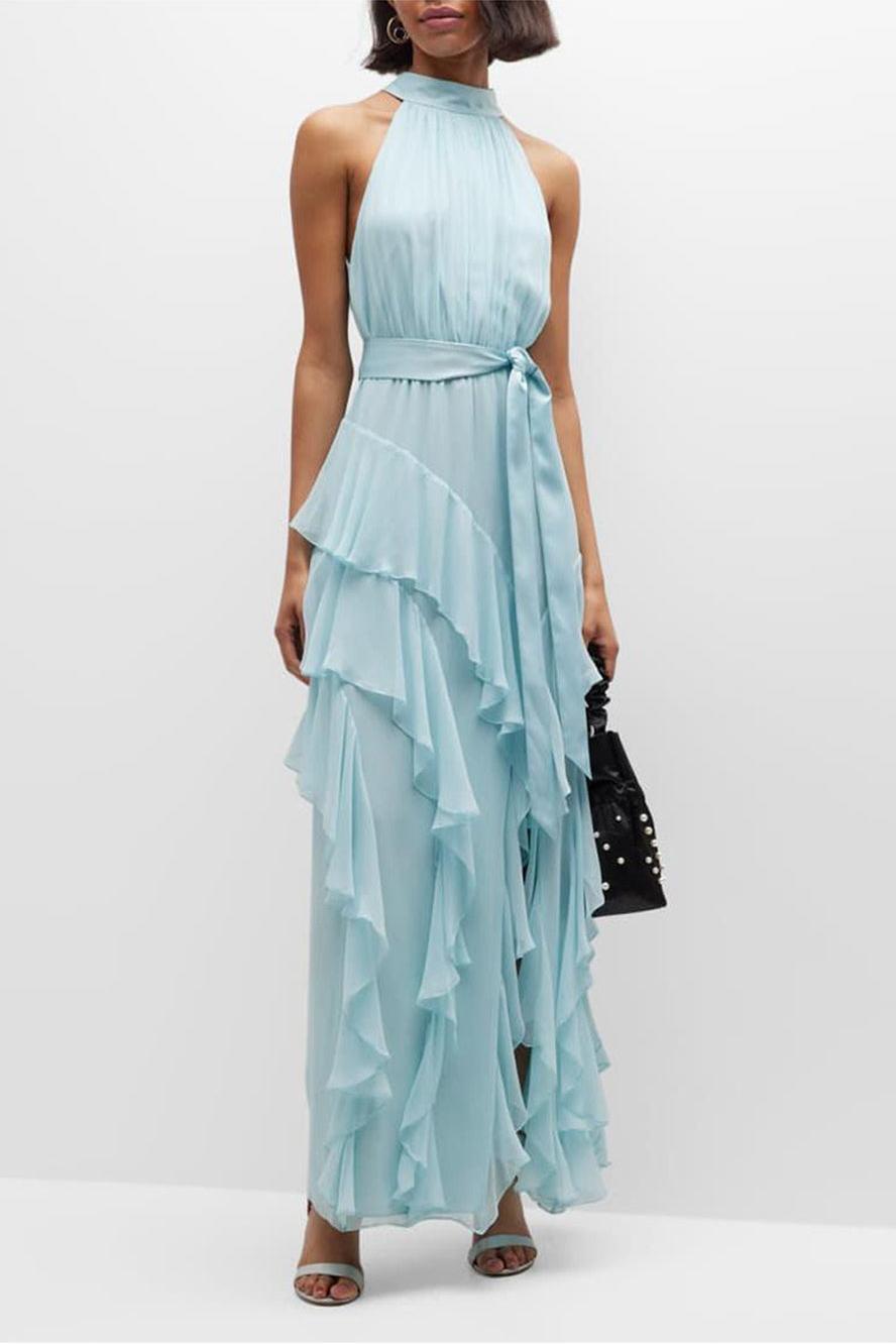 Chiffon Sleeveless Frill Split Midi Dress With Belt - View 3
