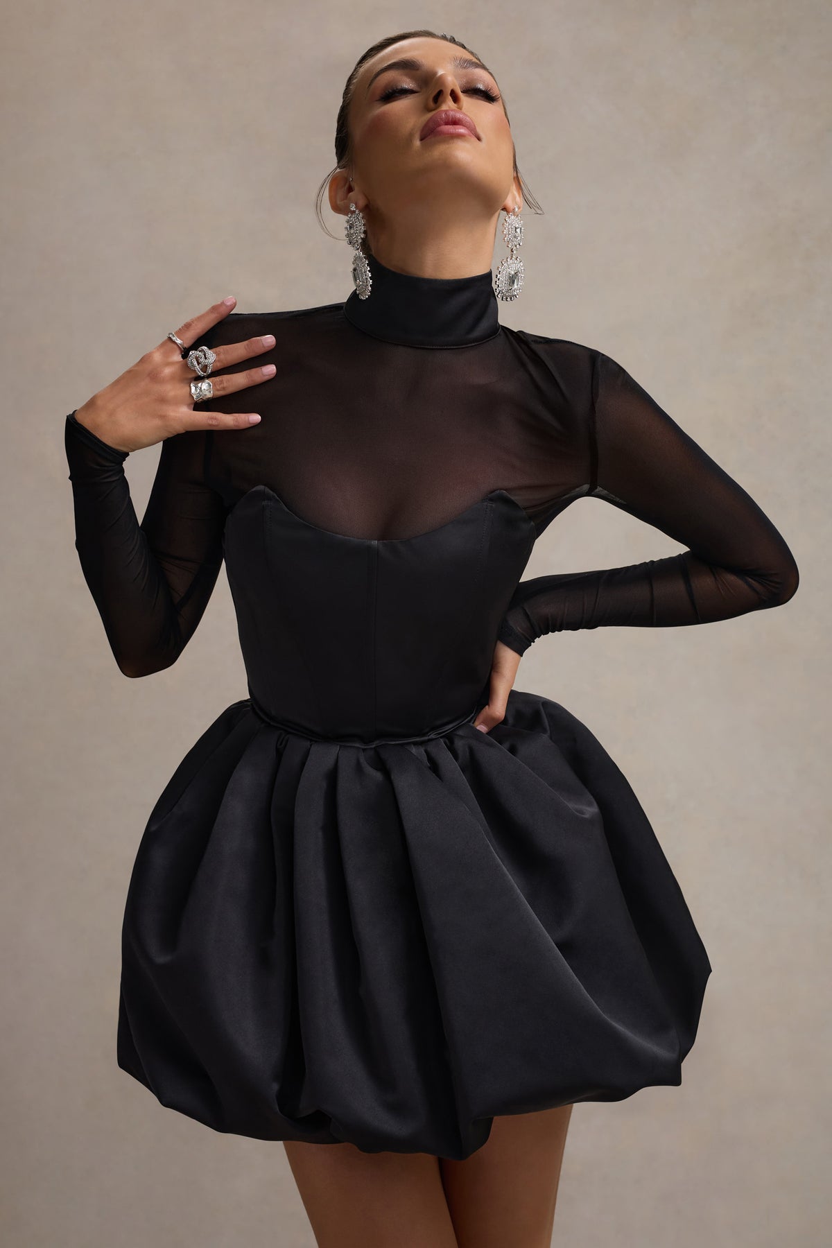 Mock Neck Sheer Mesh Long Sleeve Corset Bodice Bubble Hem Mini Dress