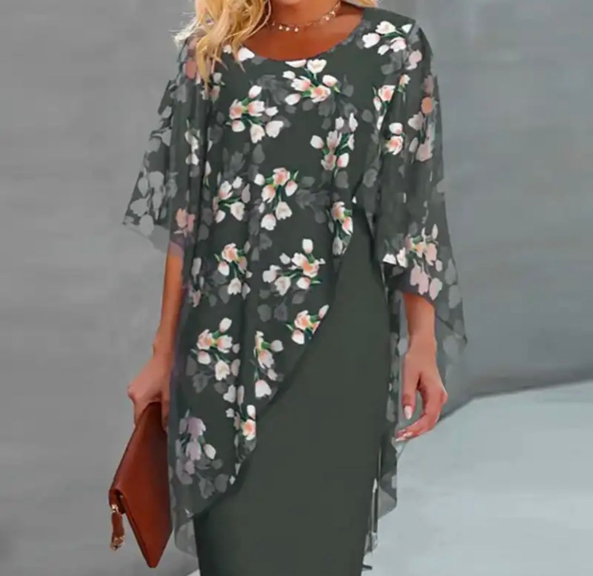 Floral Chiffon Overlay Asymmetrical Flutter Sleeve Sheath Midi Dress - View 4