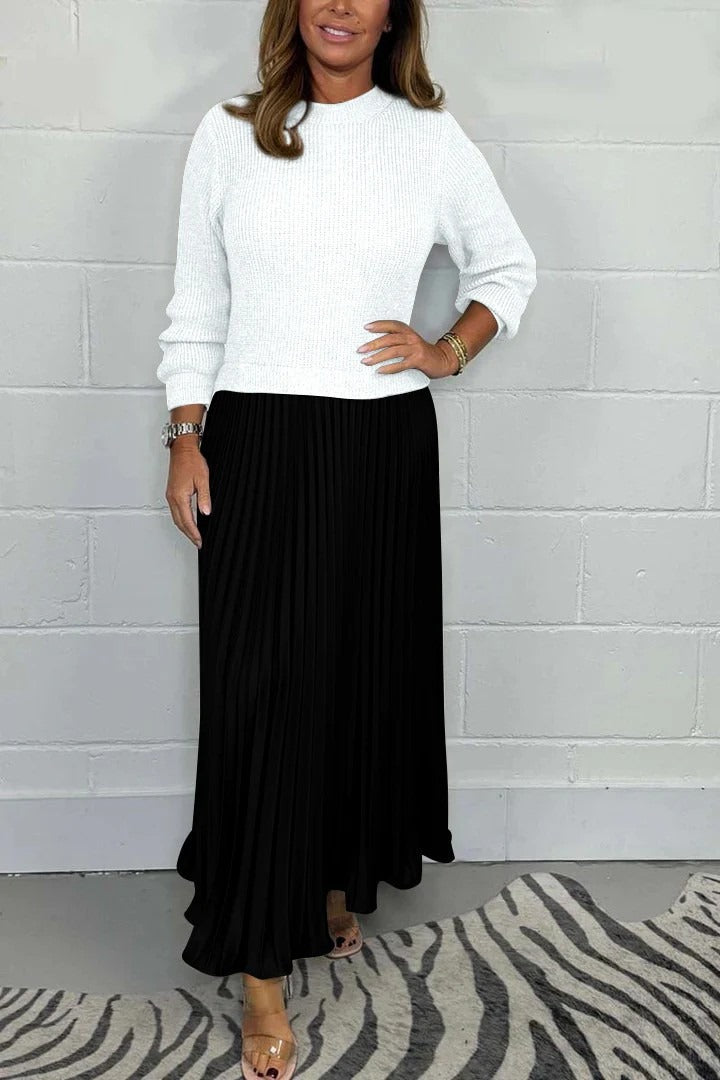 Crew Neck Long Sleeve Ribbed Knit Top Pleated Maxi Dress 7