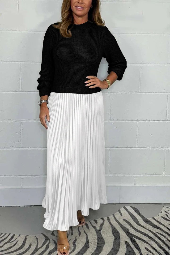Crew Neck Long Sleeve Ribbed Knit Top Pleated Maxi Dress 9