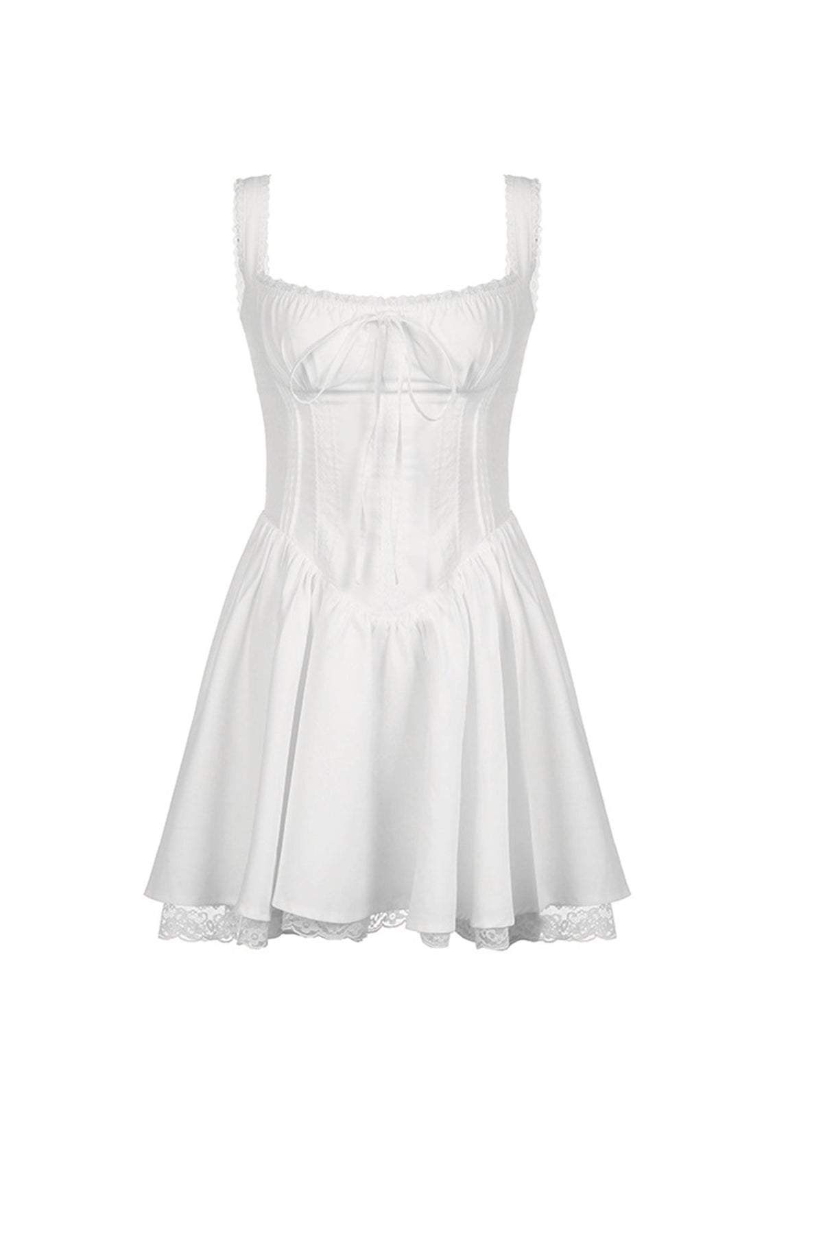 White Lace Stitching Strappy Ruched Cami Dress - View 6
