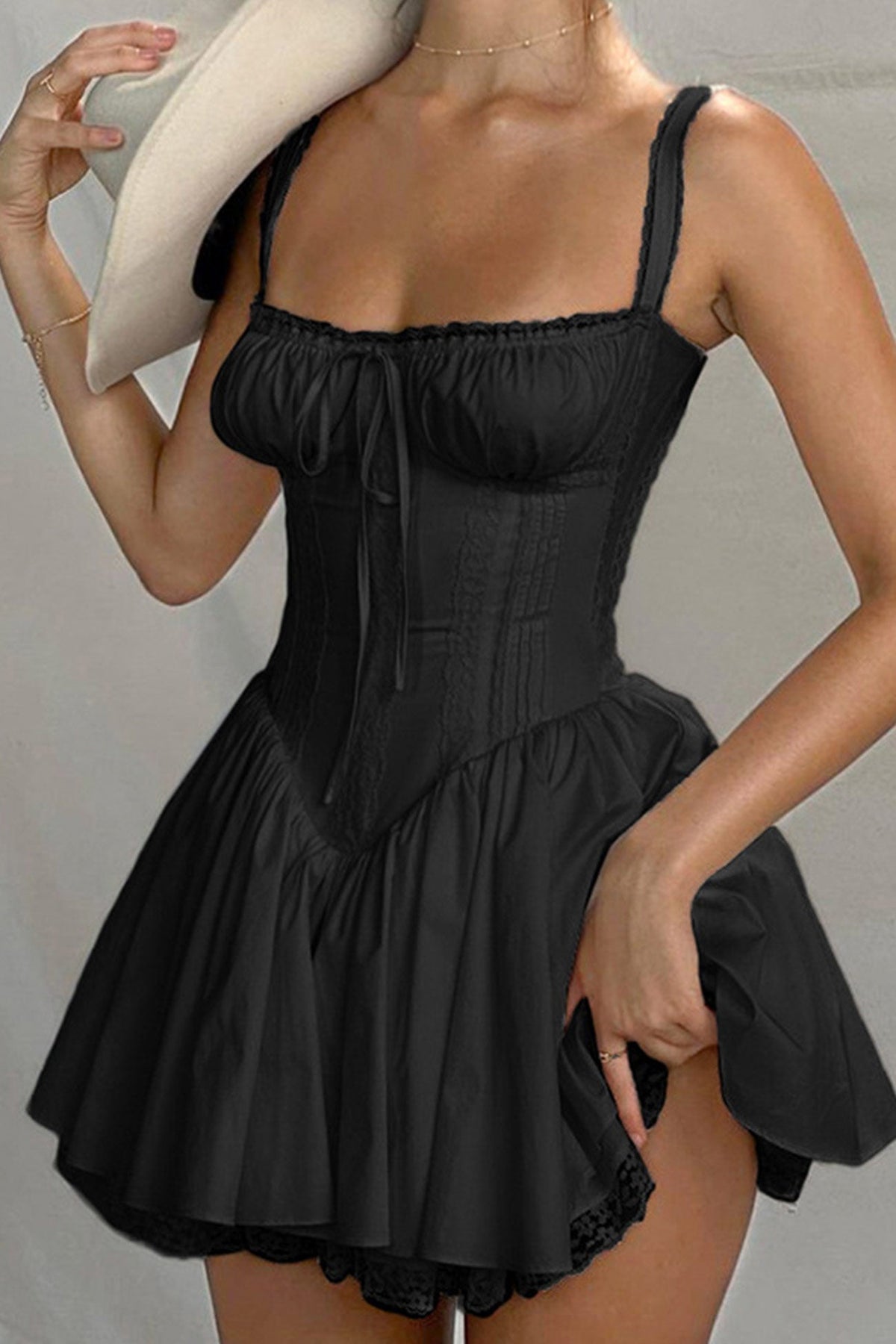 White Lace Stitching Strappy Ruched Cami Dress - View 9