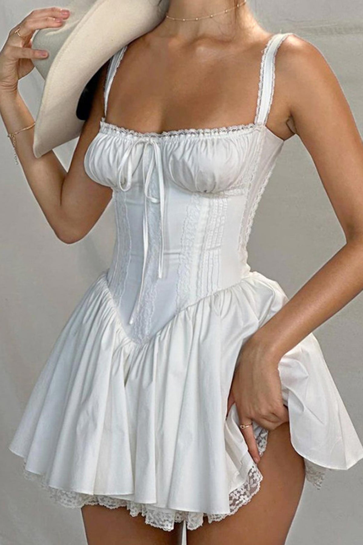 White Lace Stitching Strappy Ruched Cami Dress - View 2