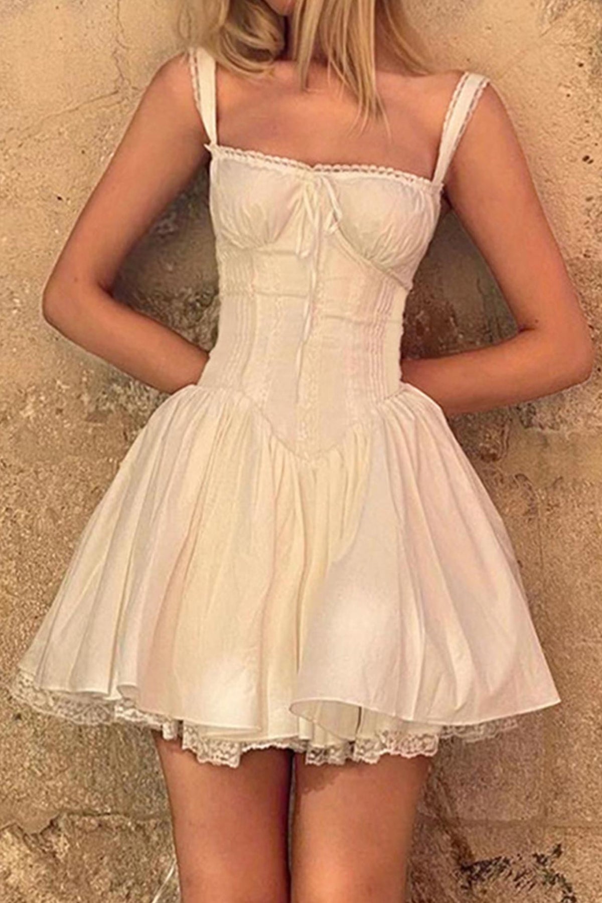 White Lace Stitching Strappy Ruched Cami Dress - View 4