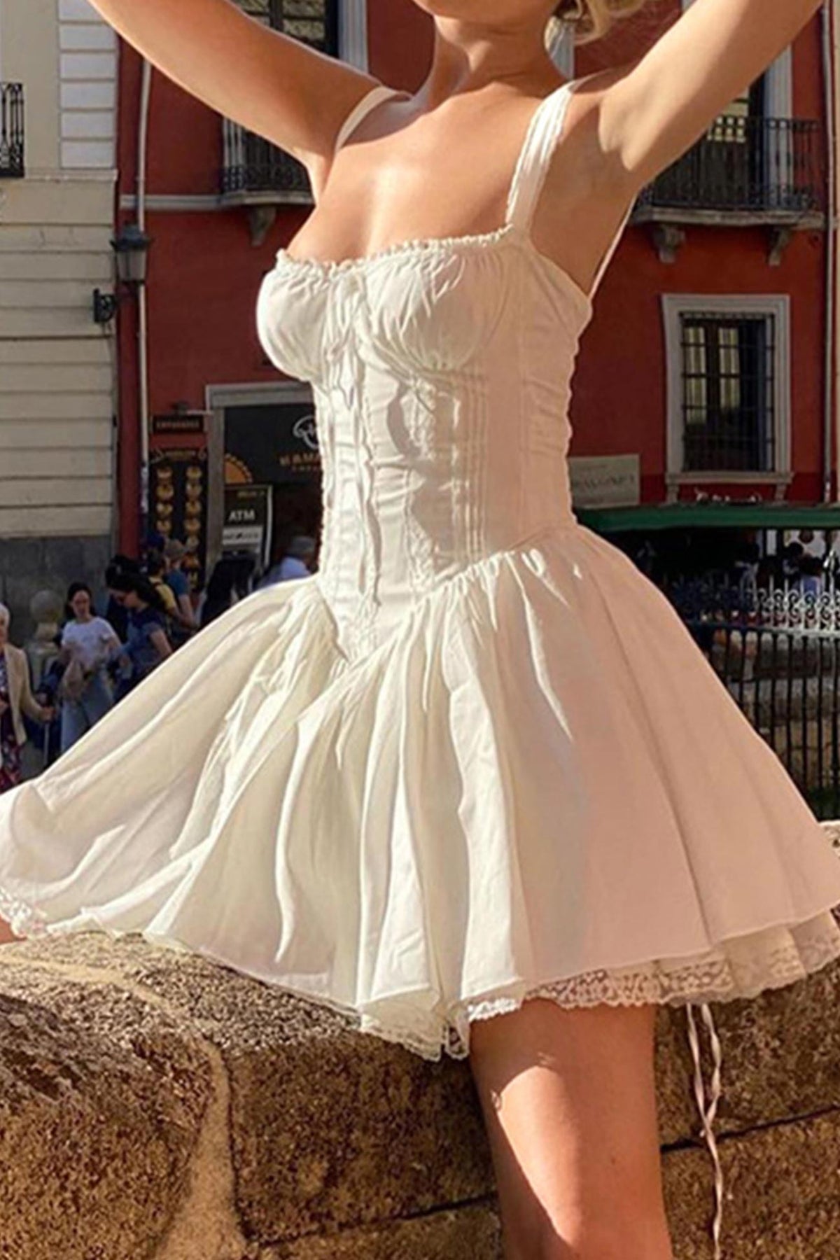 White Lace Stitching Strappy Ruched Cami Dress - View 3