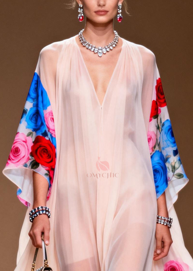 Floral Print Deep V-Neck Cape Sleeve Sheer Chiffon High Low Maxi Gown - View 2