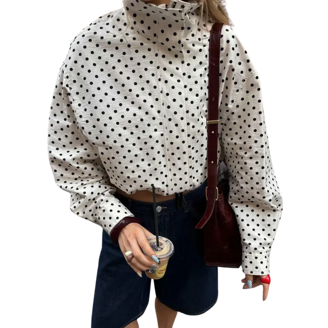 Polka Dot High Neck Long Sleeve Oversized Shirt