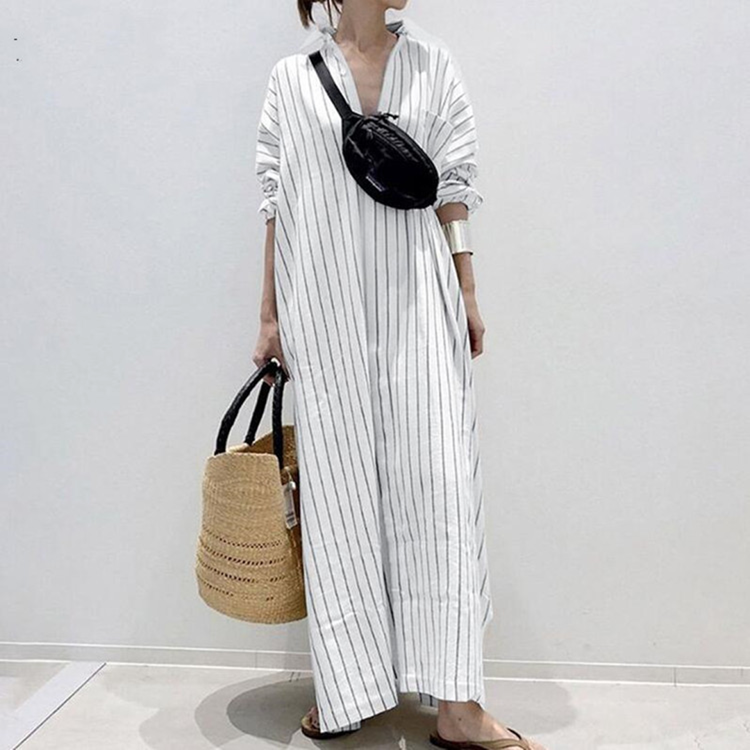 Pinstripe Oversized Button Front Long Sleeve Maxi Shirt Dress - View 3