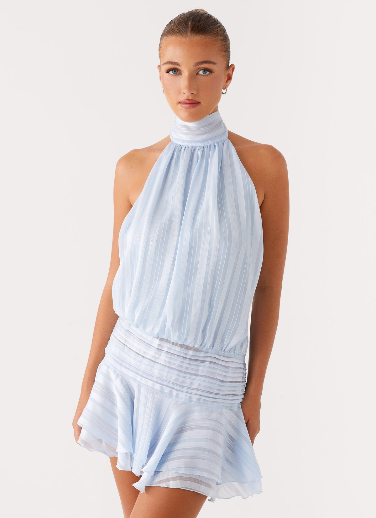 Halter High Neck Striped Chiffon Drop Waist Ruffle Mini Dress