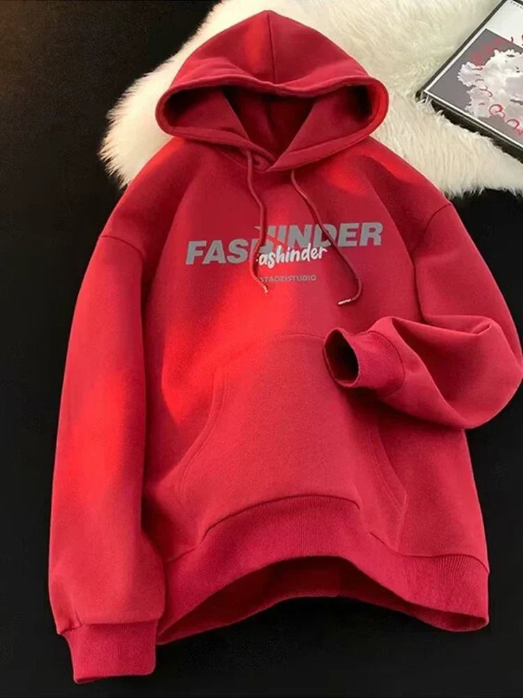 Letter Printed Winter Fleece Hoodie Red / M(40-45KG)